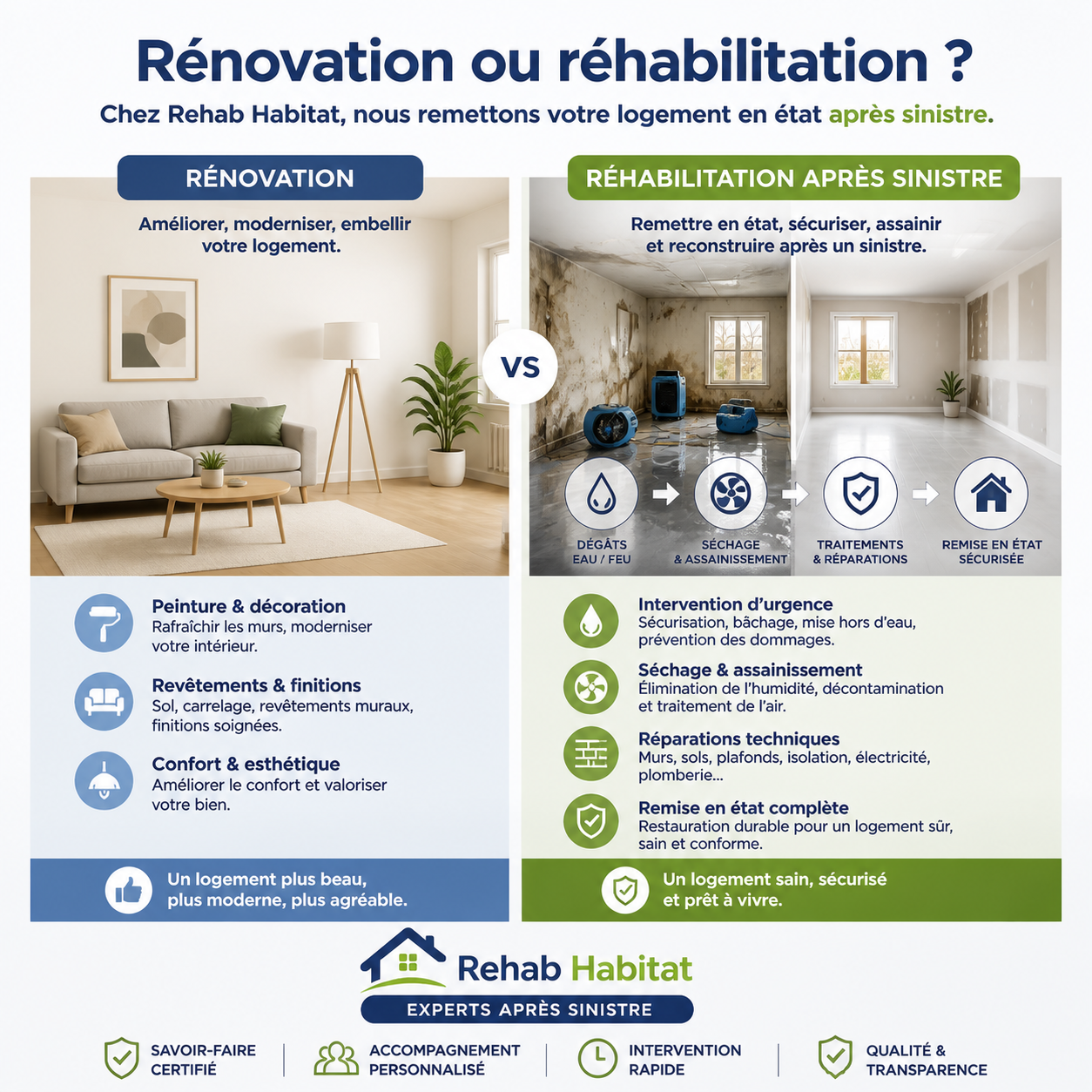 Comparatif rénovation et réhabilitation après sinistre par Rehab Habitat : peinture, finitions et confort d’un côté ; intervention d’urgence, séchage, réparations et remise en état sécurisée de l’autre